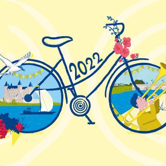 Illustration de la fête de vélo en Anjou : un vélo avec les paysages de Loire dessinée dans le cercle des roues.