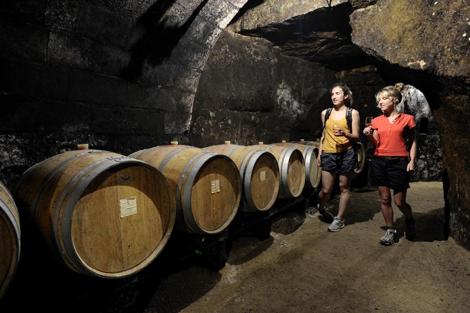 Deux femmes visitent les caves du Domaine de la Tuffière