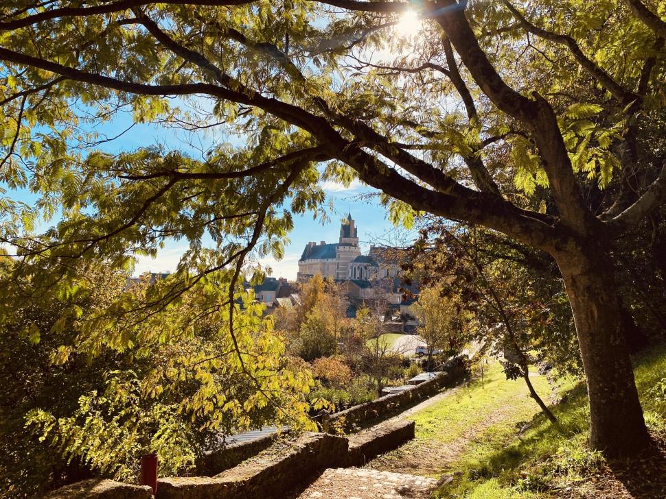 Vue arrière du château de Durtal en automne