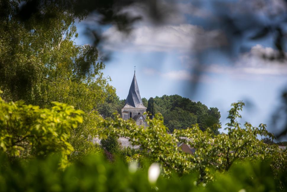 Vue sur le clocher tors de Fontaine-Guérin