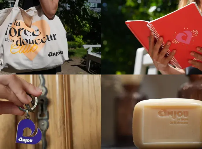 Visuel découpé en 4 avec sac cabas, carnet à spirale, pin's et savon Anjou